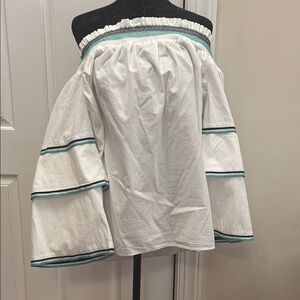 Chic White Top Off the Shoulder with Blue and Green Accents